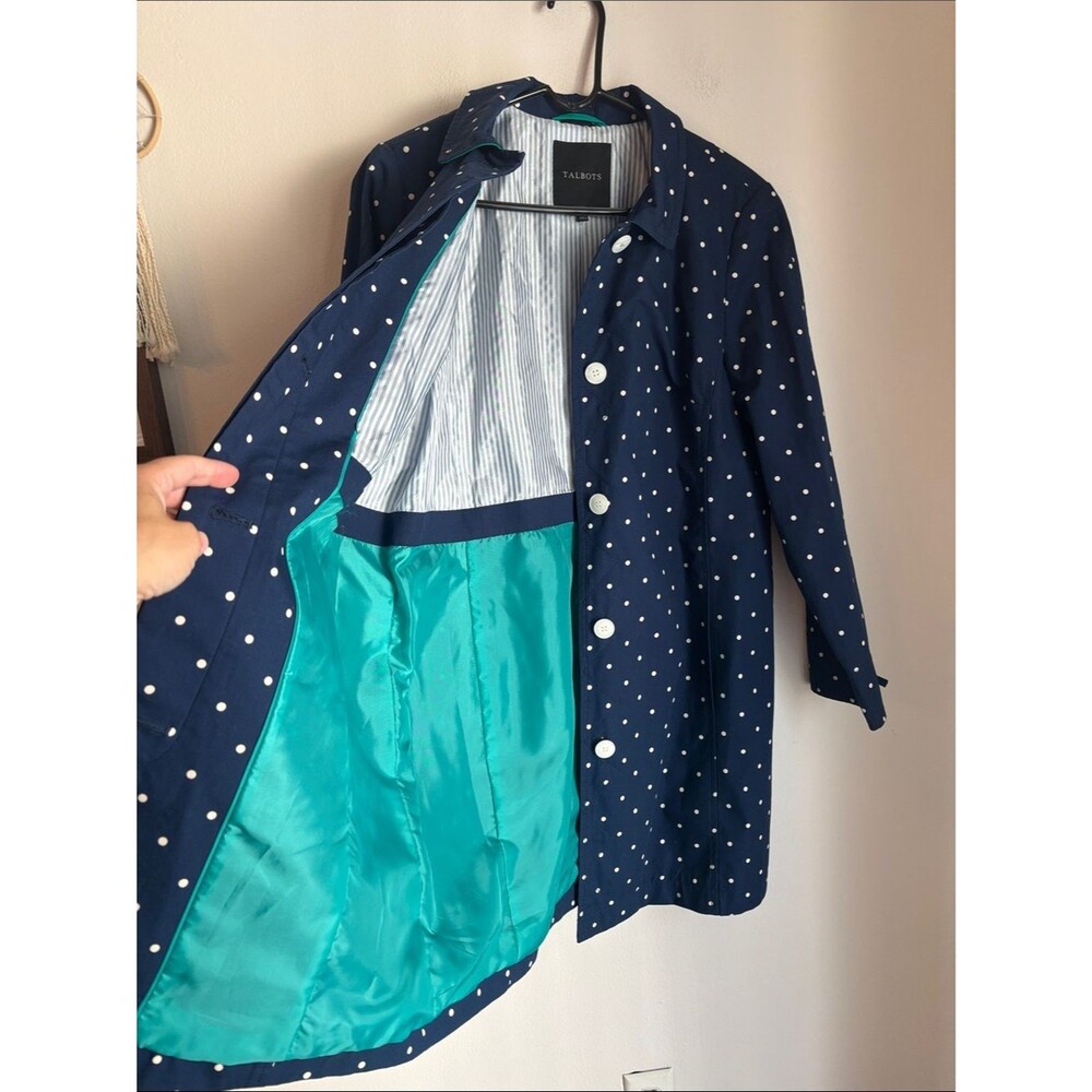 Talbots DOT-PRINT COTTON MAC Navy White Polka Dot Coat trench Womens 12 EUC cute - Picture 10 of 14